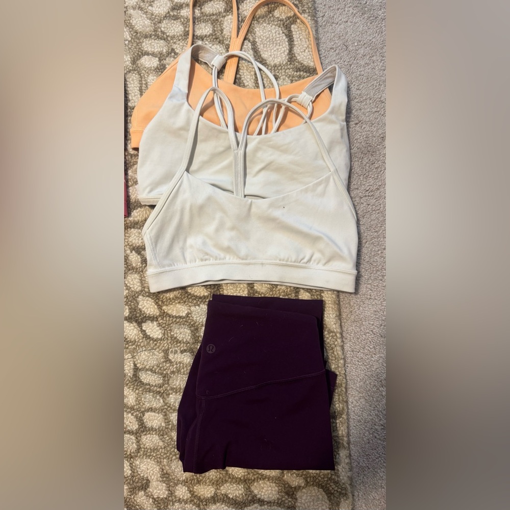 Lululemon White and orange Sports Bra and Purple Leggings